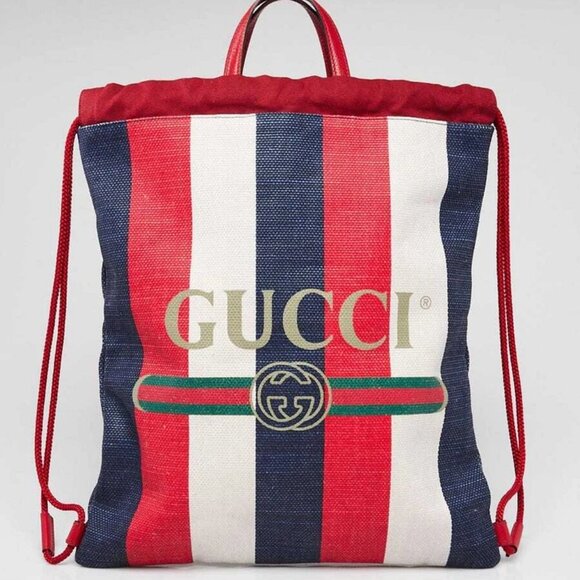 Gucci Red/White/Blue Striped Canvas Drawstring Backpack Bag - Picture 1 of 10